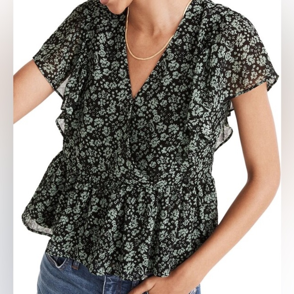 Madewell Floral Black and Green Women's Peplum Top